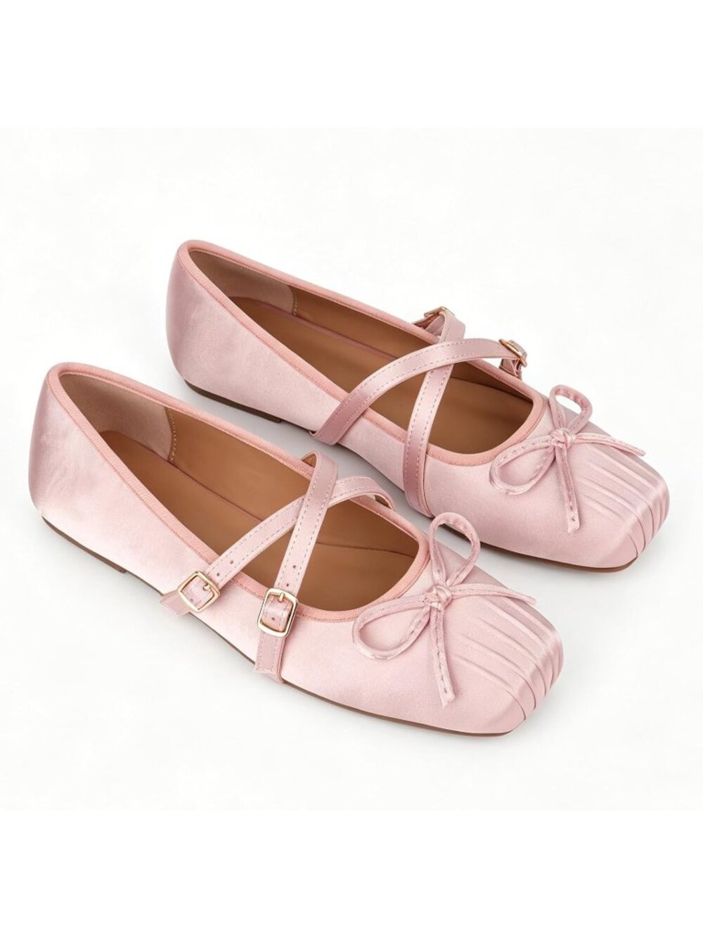 Women's Pink Square Toe Ballet Flats Mary Janes Ballerina Shoes Satin - Picture 4 of 6